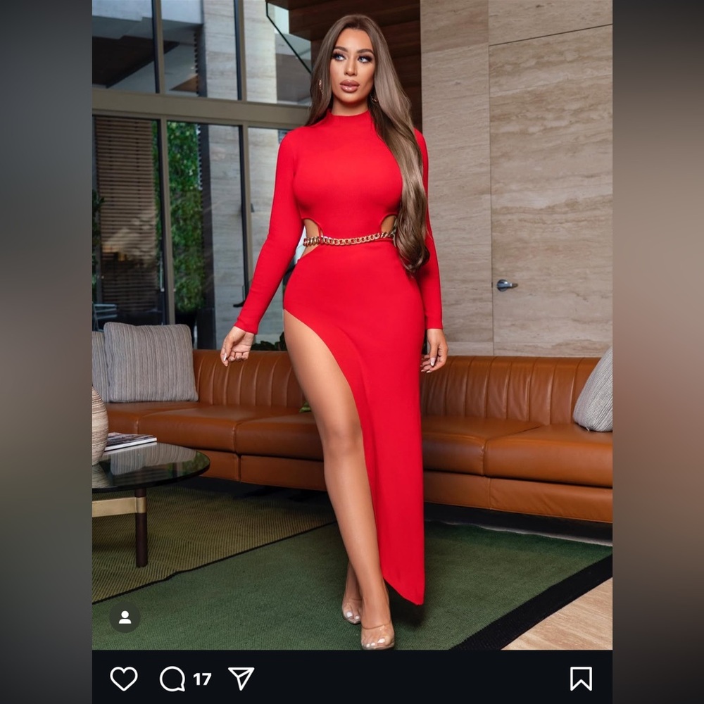 Red Midi Dress With Chain Belt